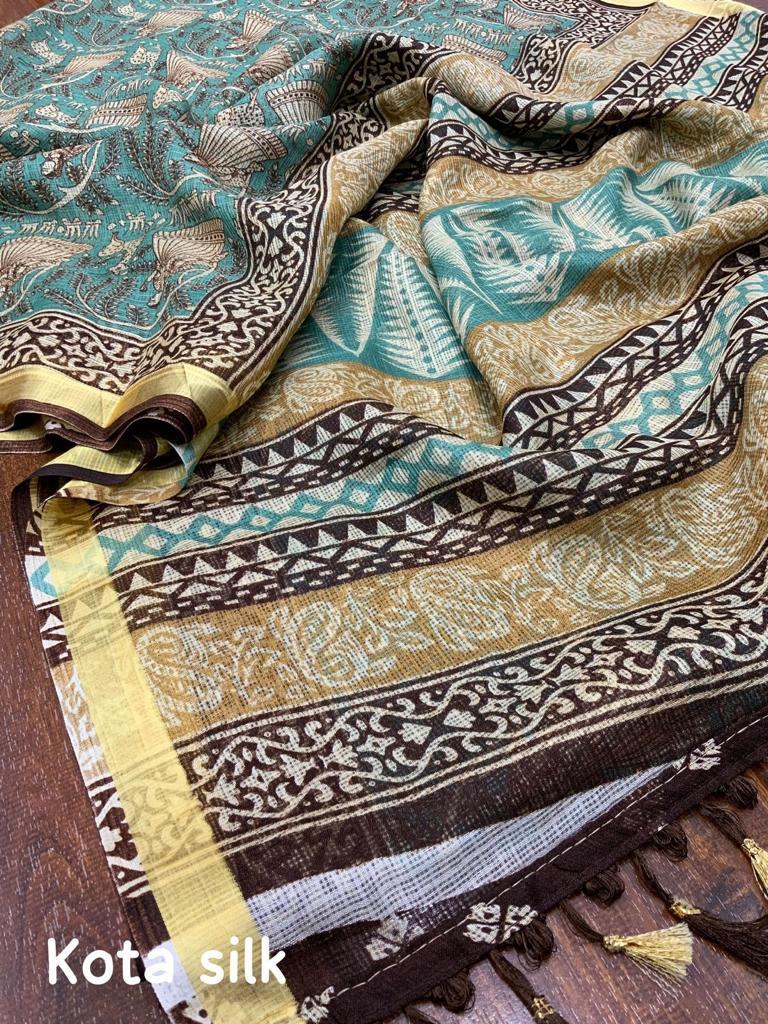 Soft Kota Silk Printed Saree with Weaving Pattu Border