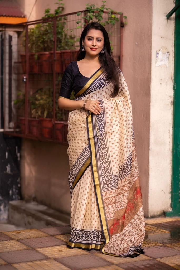 Cream Color Soft Kota Silk Printed Saree with Weaving Pattu Border