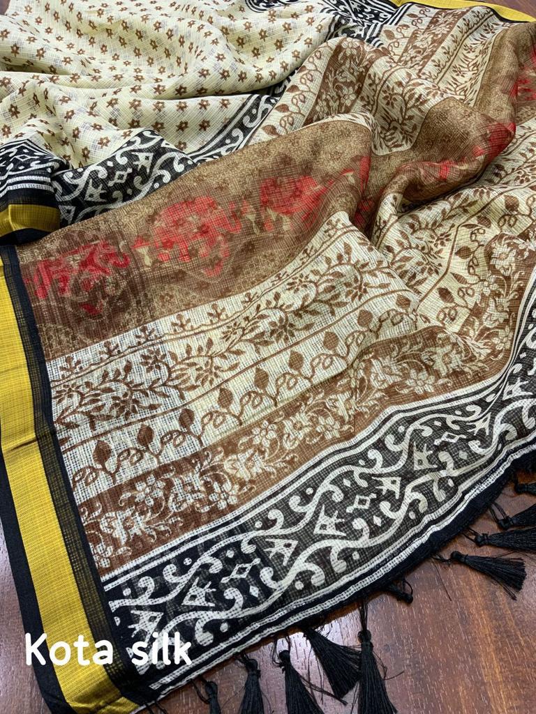 Cream Color Soft Kota Silk Printed Saree with Weaving Pattu Border