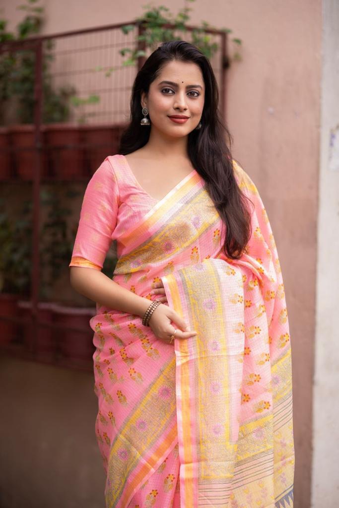 Pink Color Soft Kota Silk Printed Saree with Weaving Pattu Border