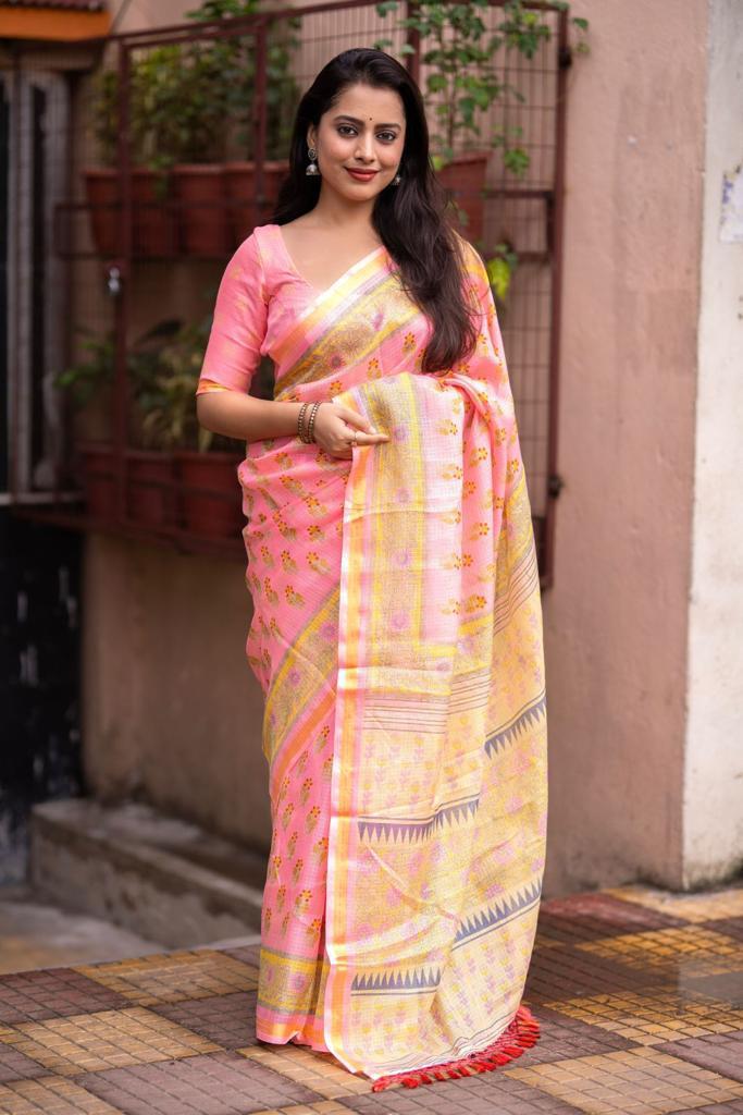 Pink Color Soft Kota Silk Printed Saree with Weaving Pattu Border