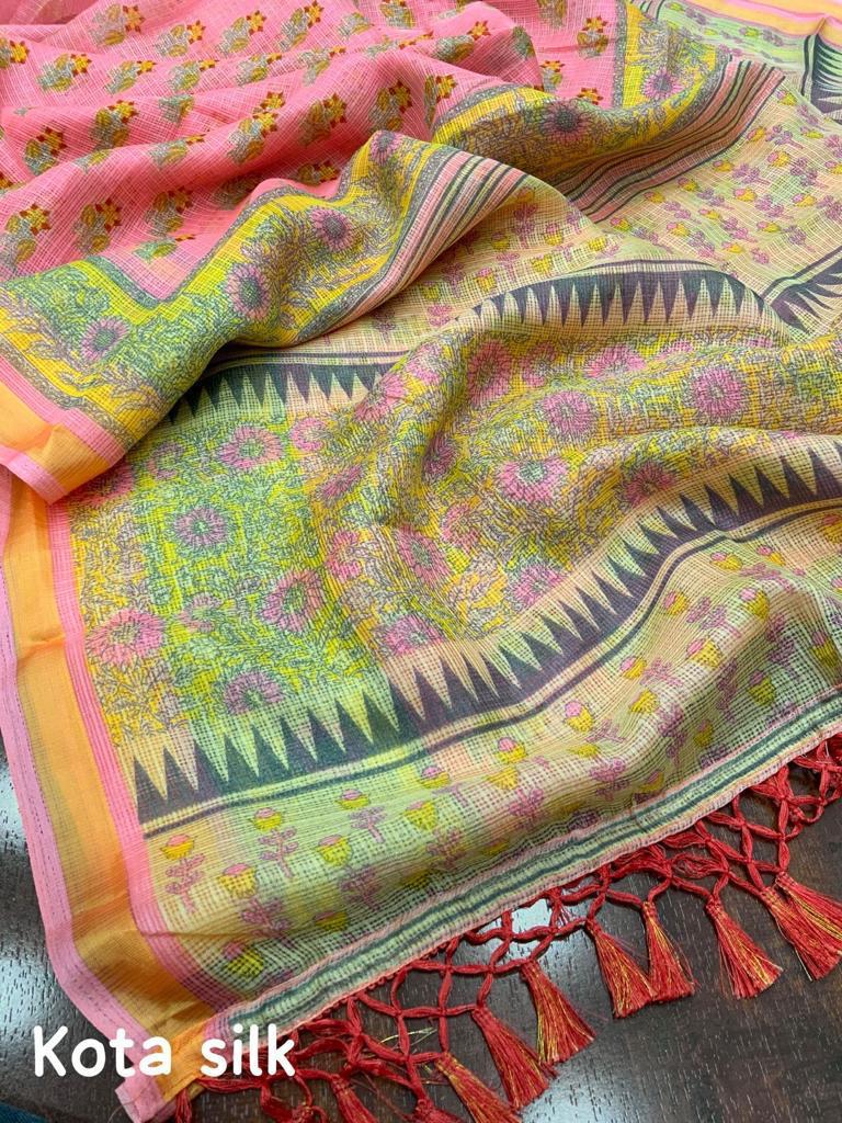 Pink Color Soft Kota Silk Printed Saree with Weaving Pattu Border