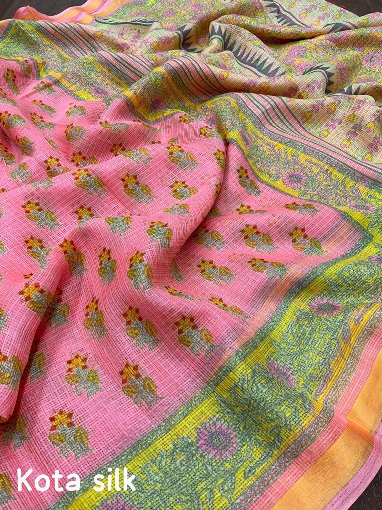 Pink Color Soft Kota Silk Printed Saree with Weaving Pattu Border