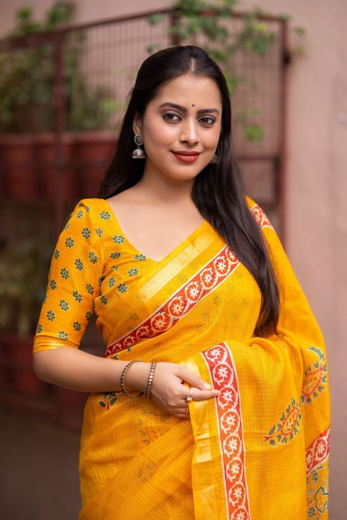 Mustard Color Soft Kota Silk Printed Saree with Weaving Pattu Border