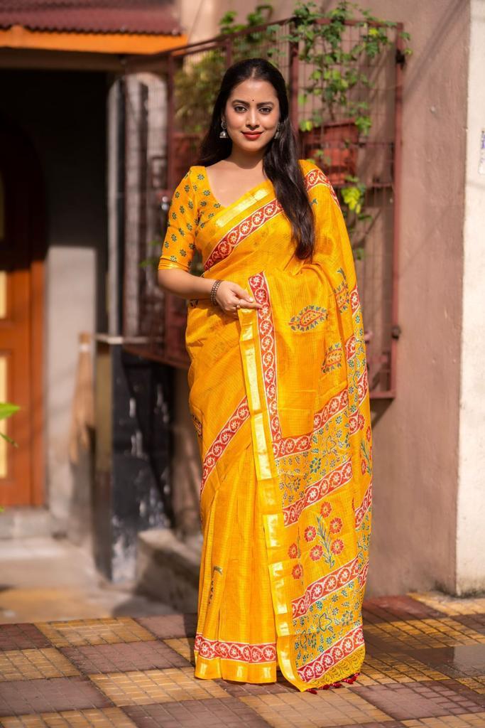 Mustard Color Soft Kota Silk Printed Saree with Weaving Pattu Border