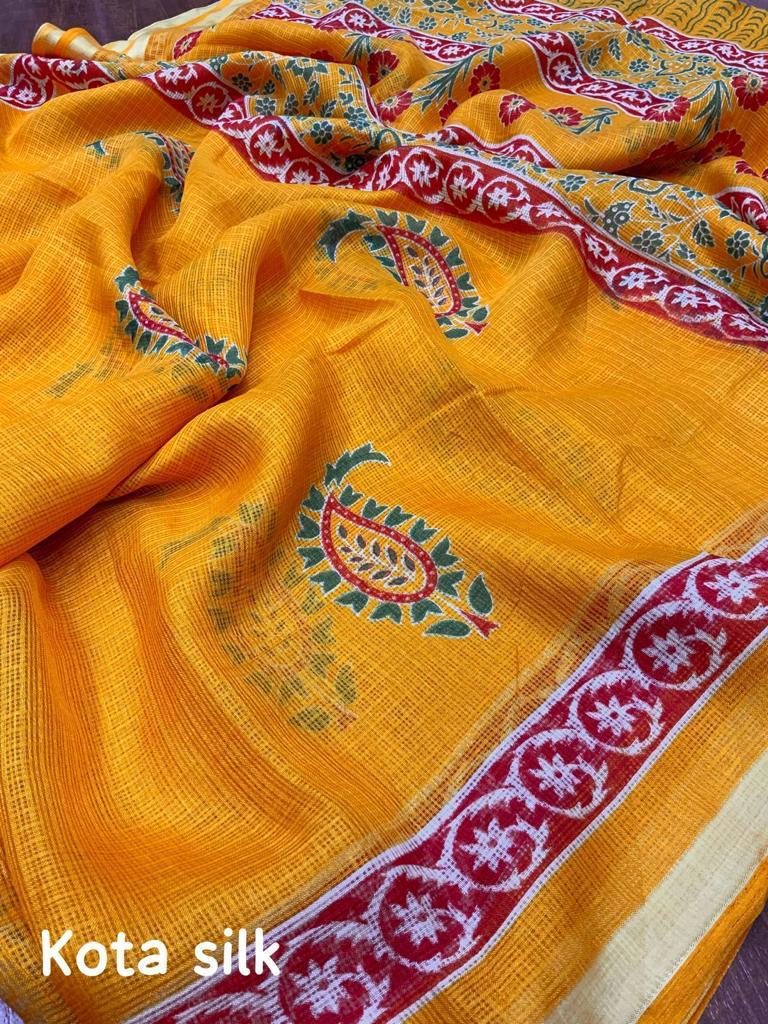 Mustard Color Soft Kota Silk Printed Saree with Weaving Pattu Border