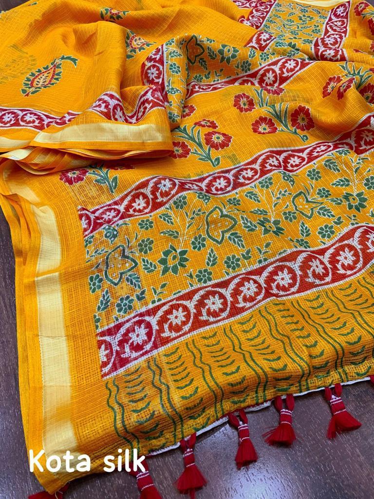 Mustard Color Soft Kota Silk Printed Saree with Weaving Pattu Border