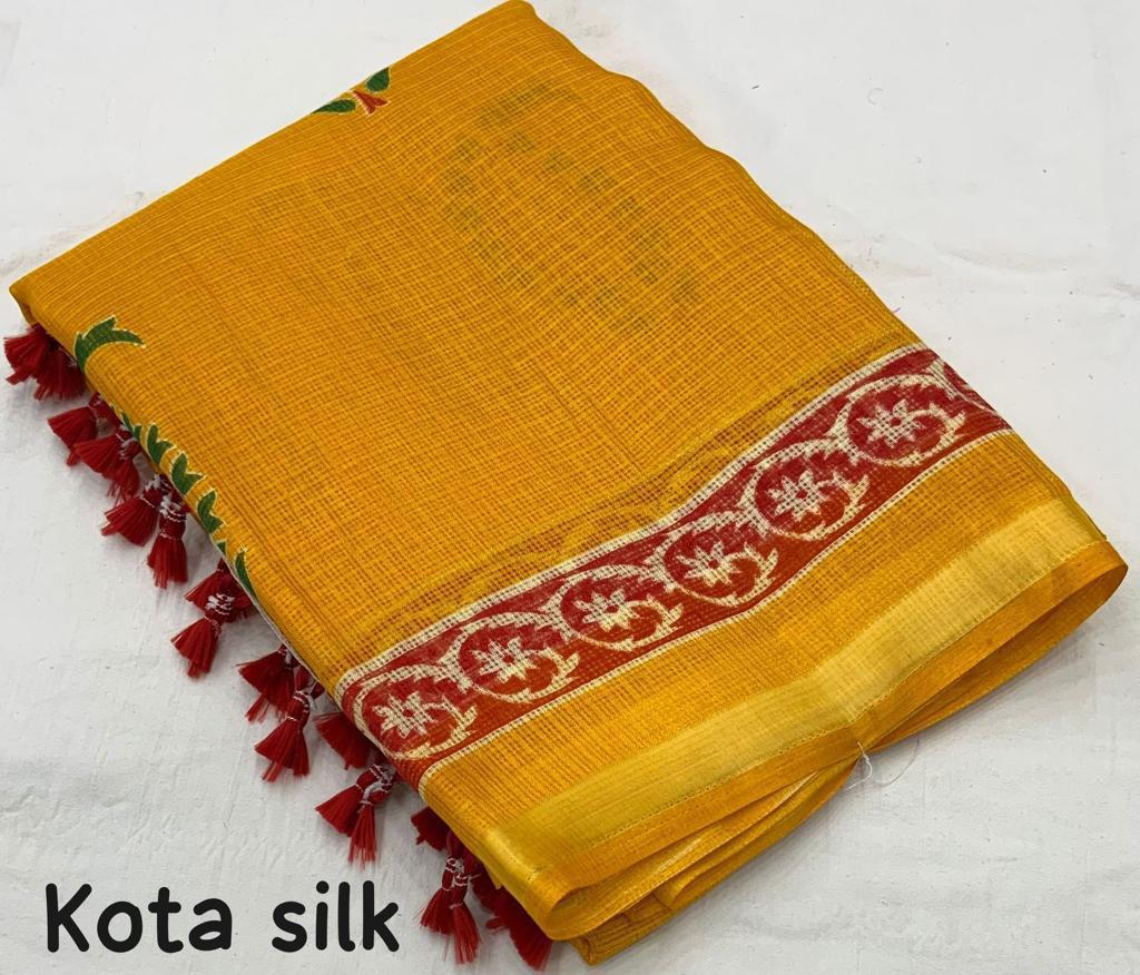 Mustard Color Soft Kota Silk Printed Saree with Weaving Pattu Border