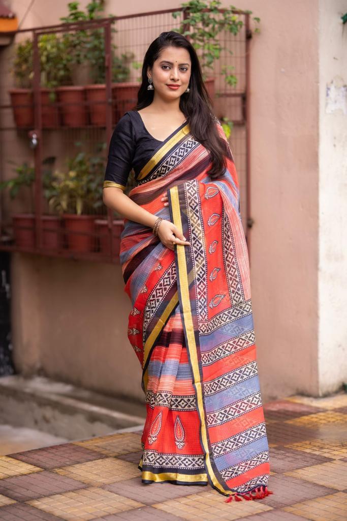 Multi Color Soft Kota Silk Printed Saree with Weaving Pattu Border