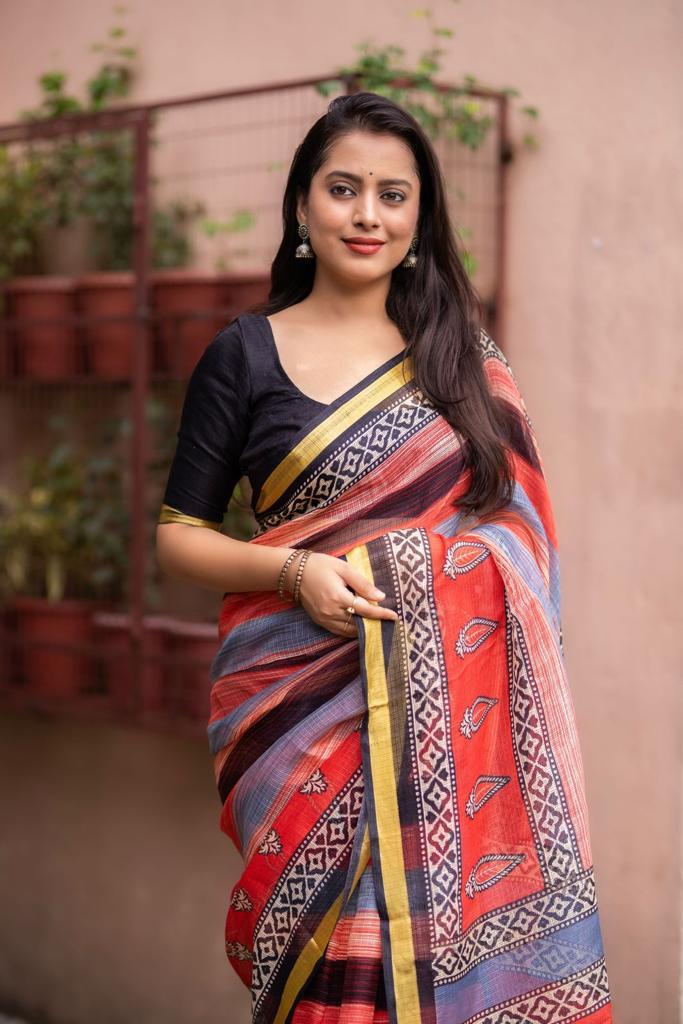 Multi Color Soft Kota Silk Printed Saree with Weaving Pattu Border