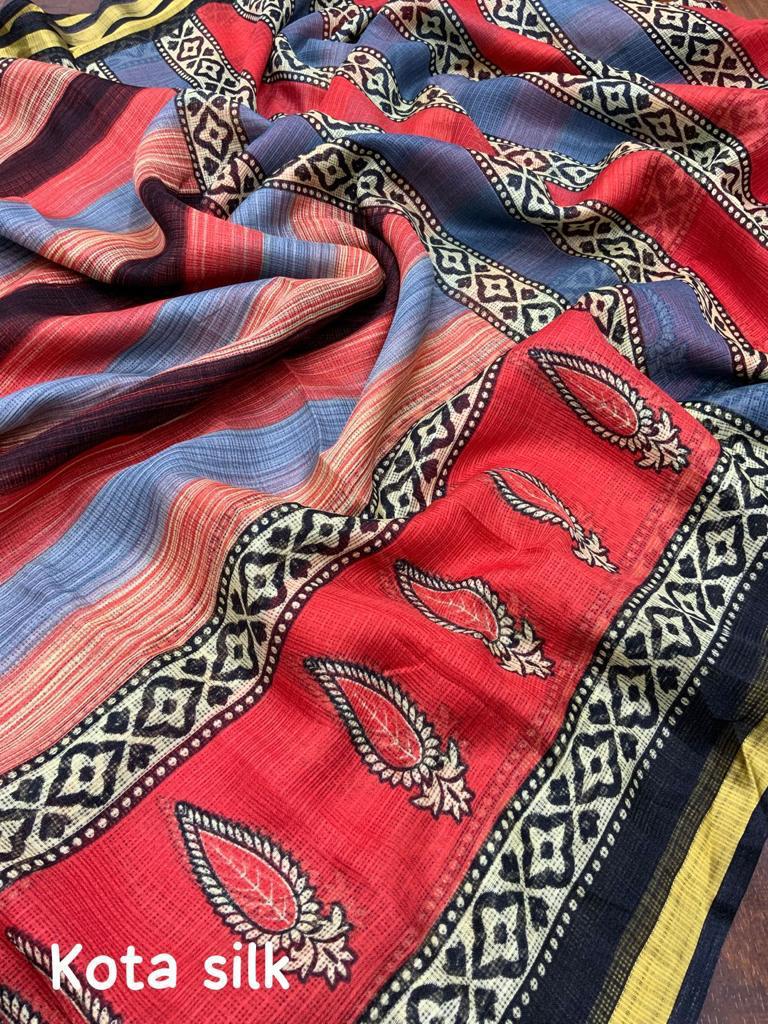 Multi Color Soft Kota Silk Printed Saree with Weaving Pattu Border