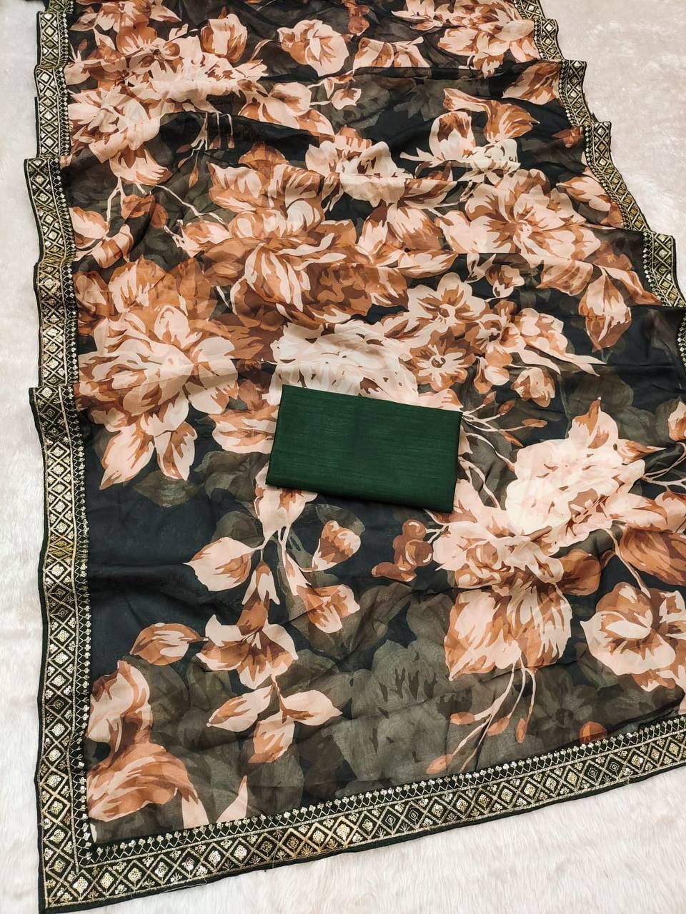 Bottle Green Floral Taby Organza Saree