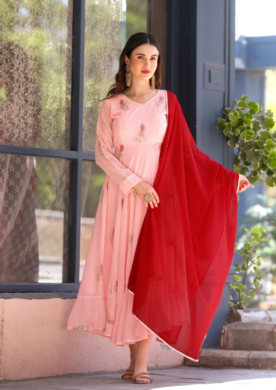 Pink Color Pakistani Style Gown With Dupatta