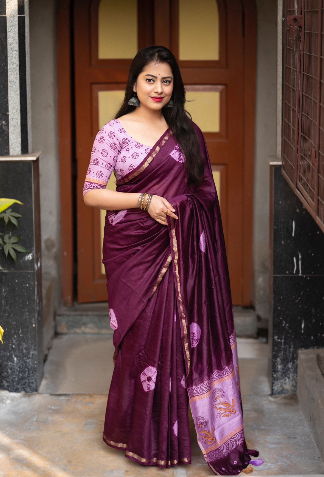 Dark Purple Color Soft Pure Chanderi Cotton Saree With Block Printed Shibori Butta and Block Print Pallu