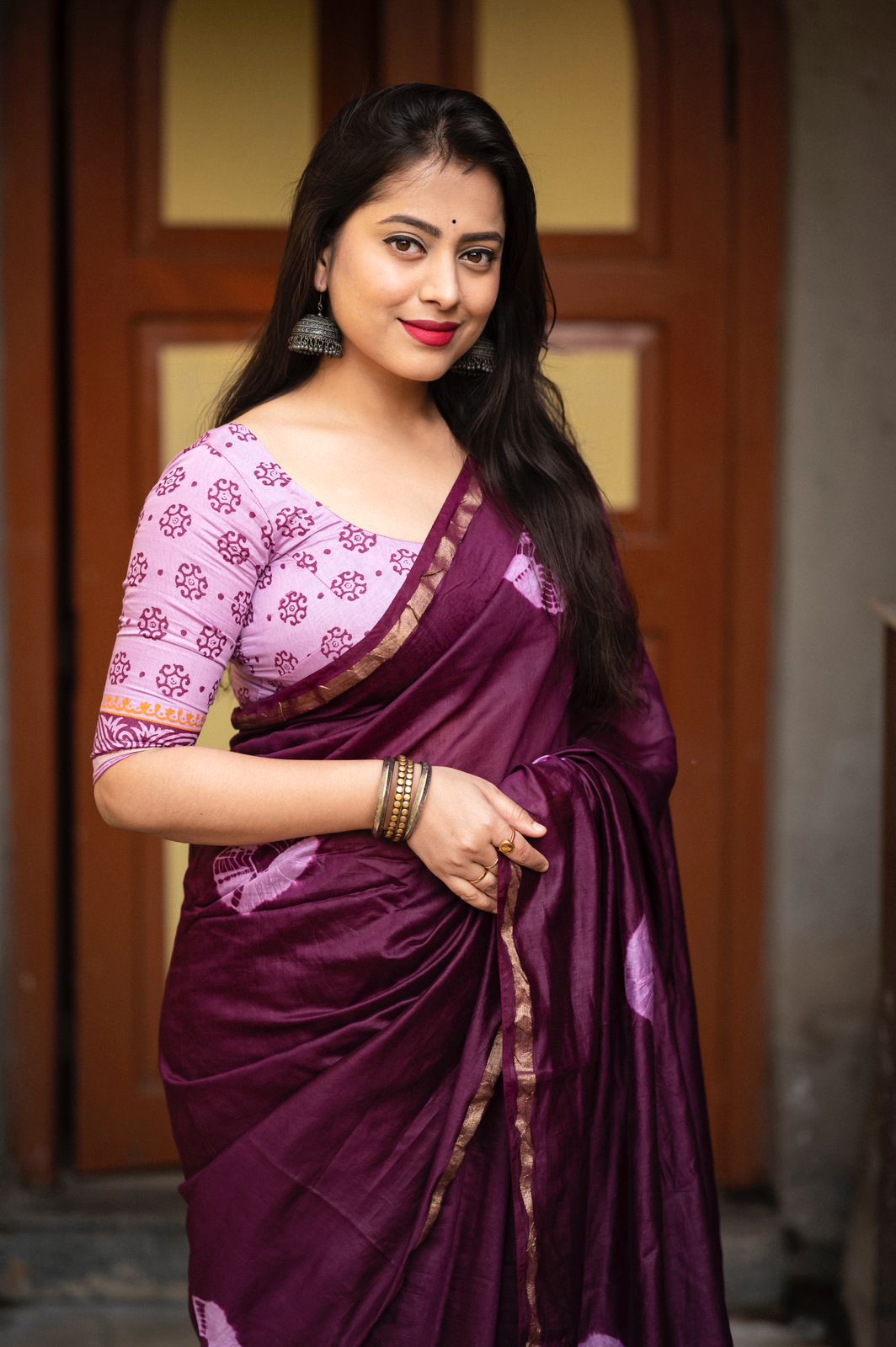 Dark Purple Color Soft Pure Chanderi Cotton Saree With Block Printed Shibori Butta and Block Print Pallu