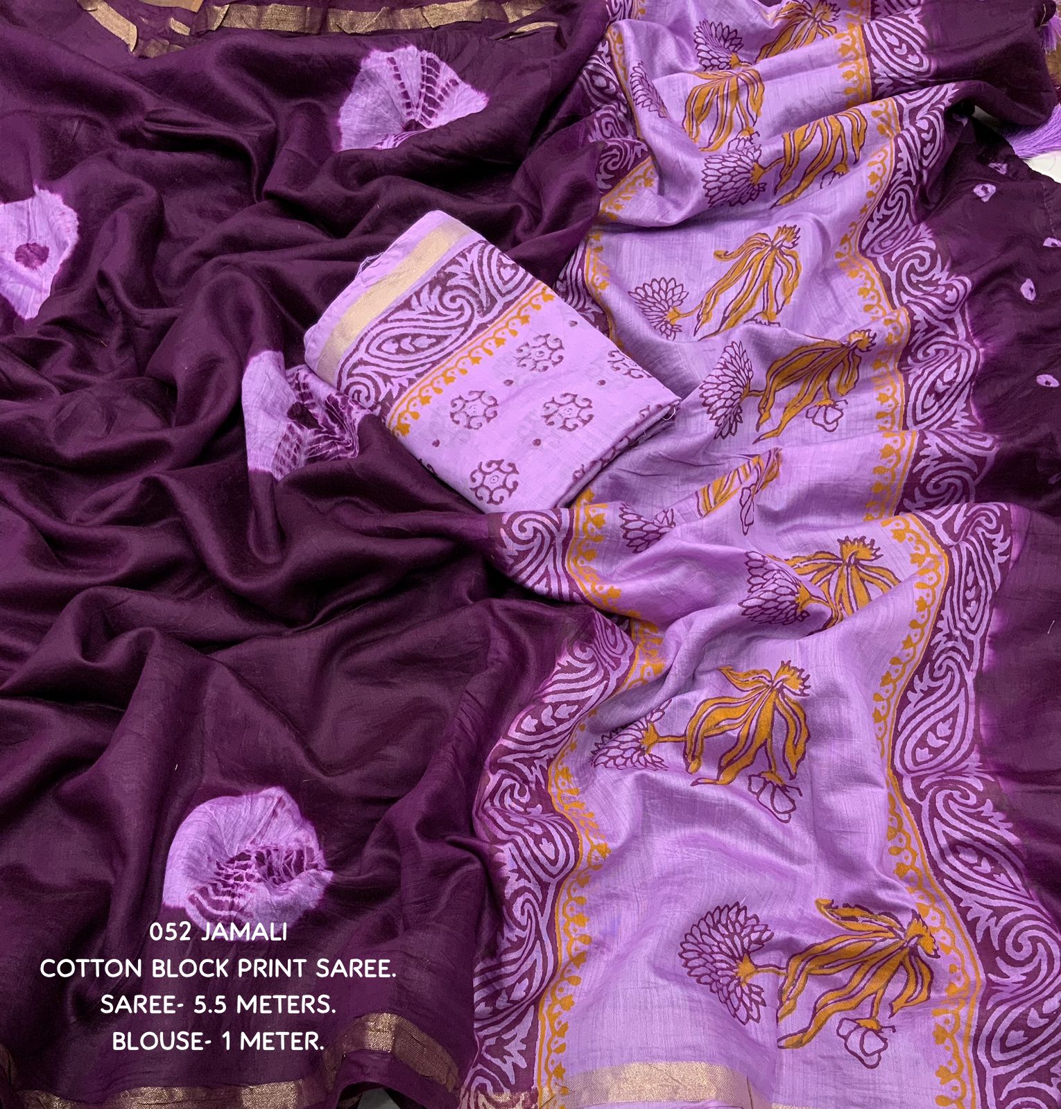 Dark Purple Color Soft Pure Chanderi Cotton Saree With Block Printed Shibori Butta and Block Print Pallu