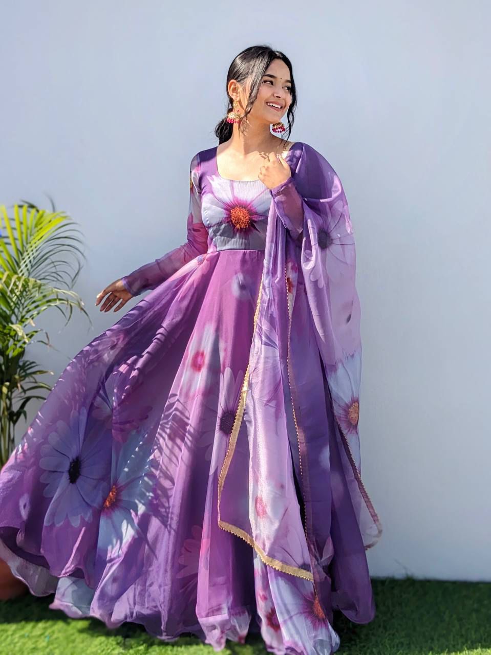 Purple Color Party Wear Organza Taby Silk Gown With Dupatta