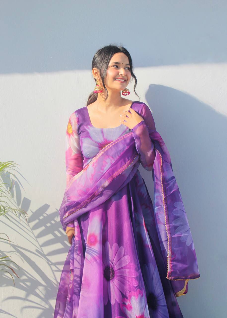 Purple Color Party Wear Organza Taby Silk Gown With Dupatta