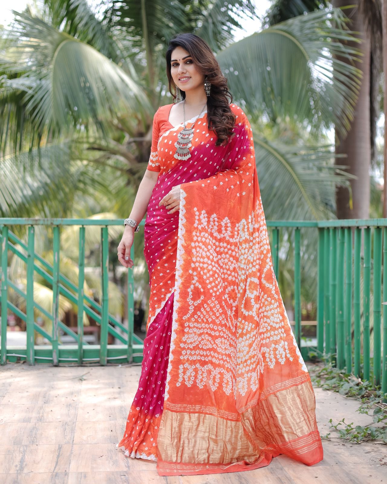 Orange and  Magenta Color Pure Bandhej Silk Saree With Tissue Pallu