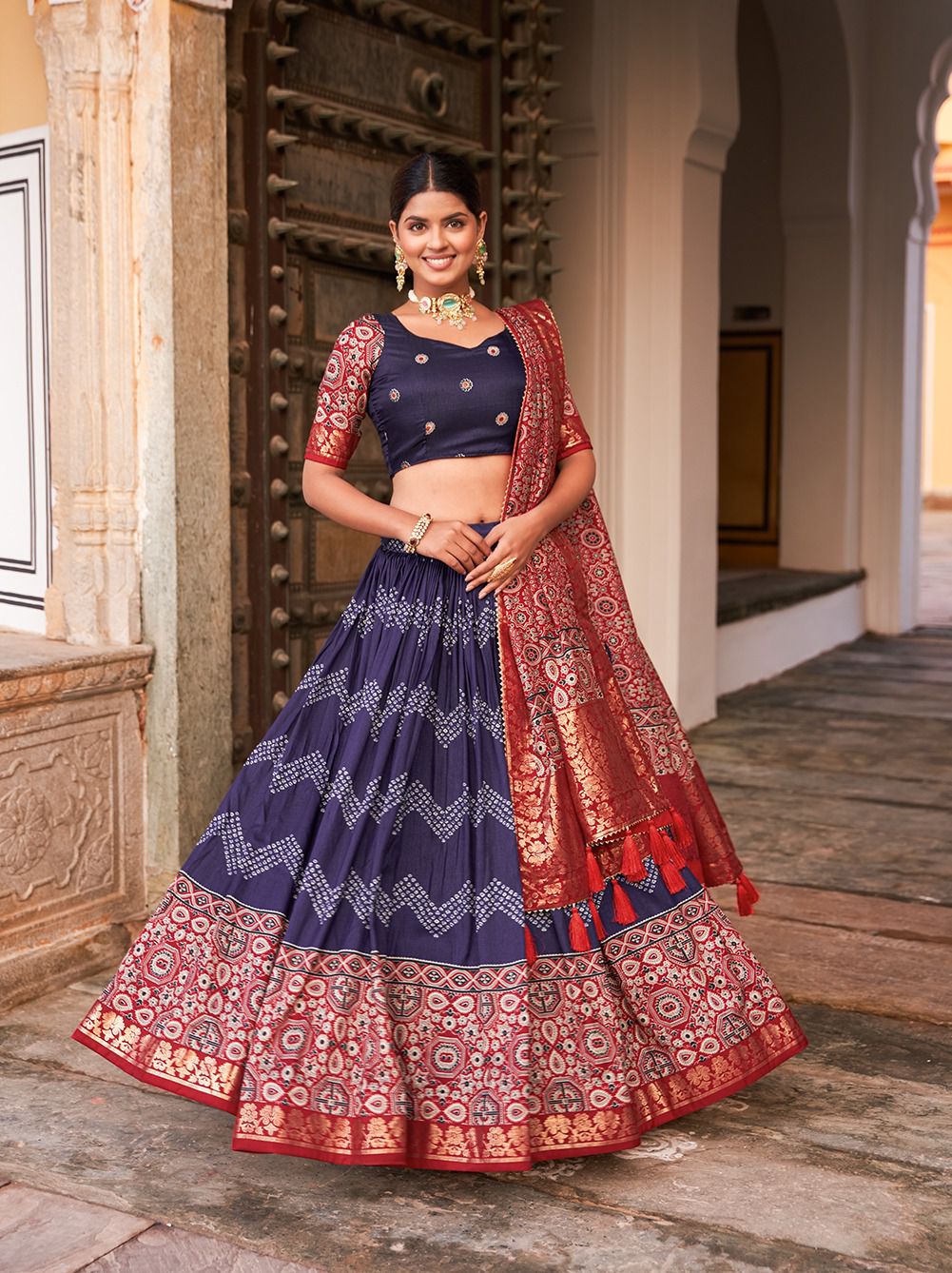 Navy Blue Color Tussar Silk Lehenga Choli with Ajarakh Prints