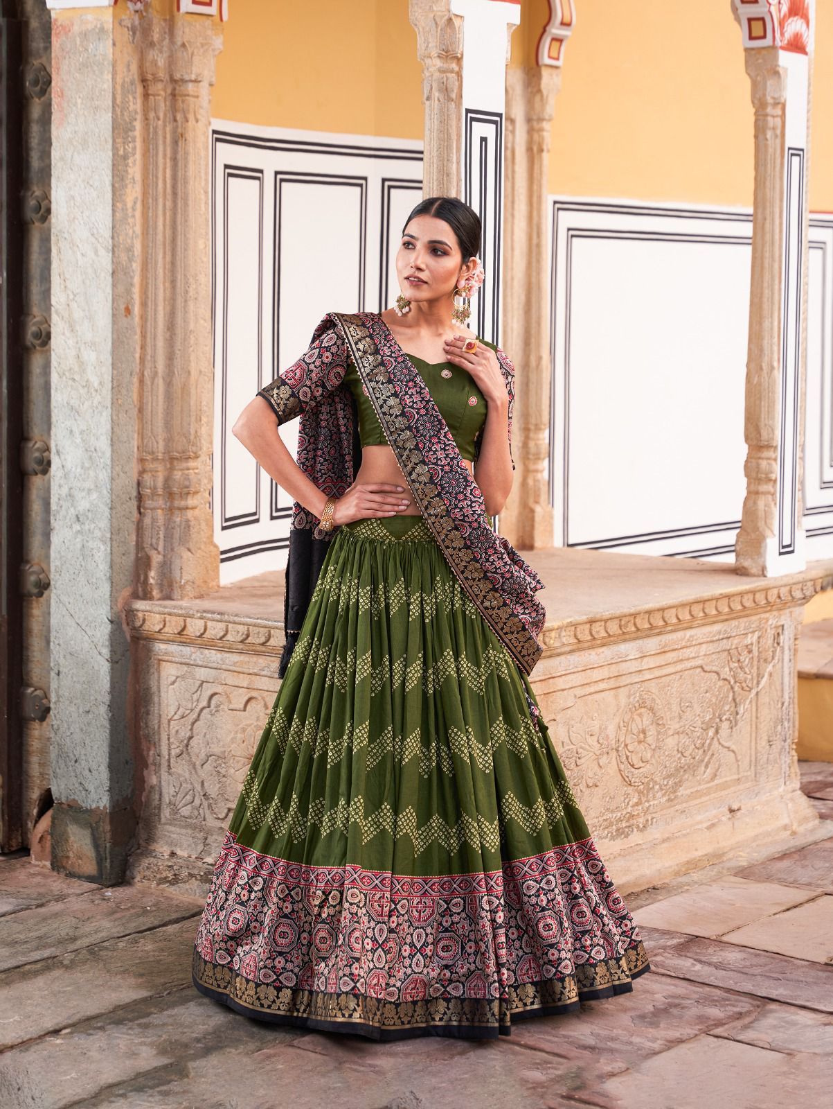 Green Color Tussar Silk Lehenga Choli with Ajarakh Prints