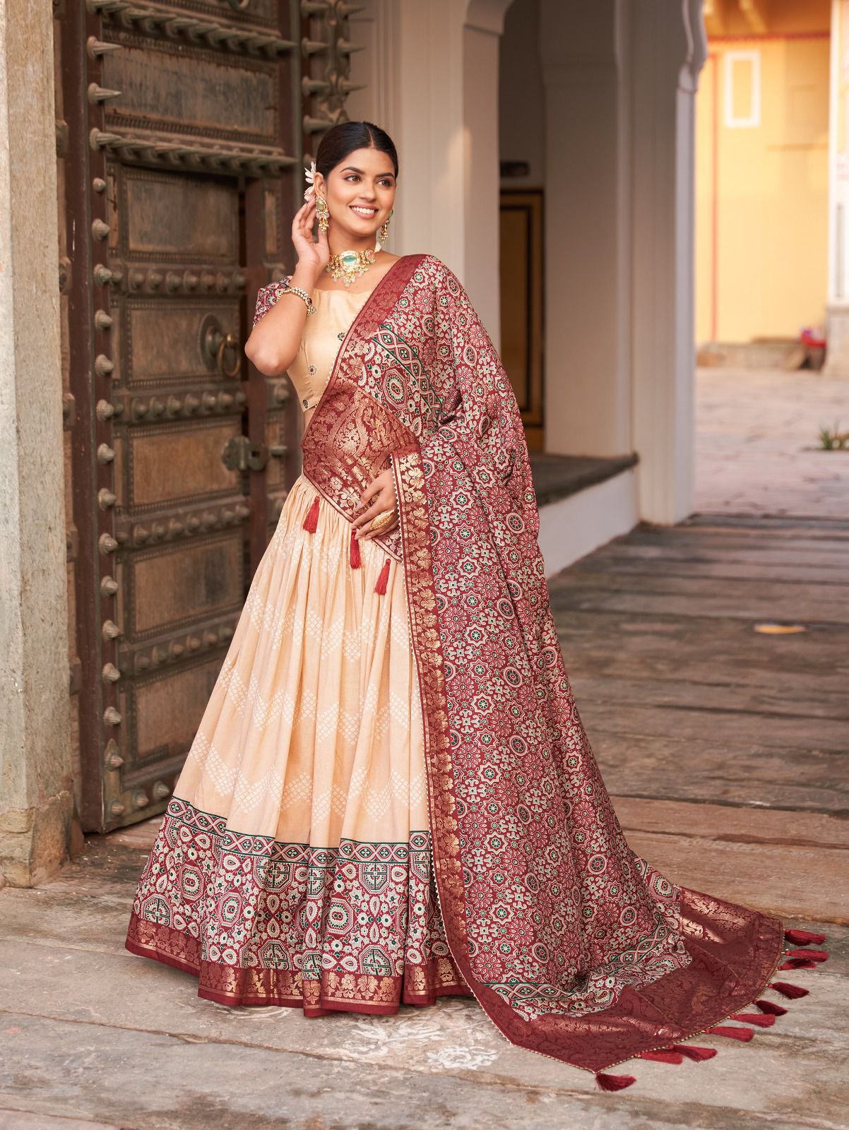 Cream Color Tussar Silk Lehenga Choli with Ajarakh Prints