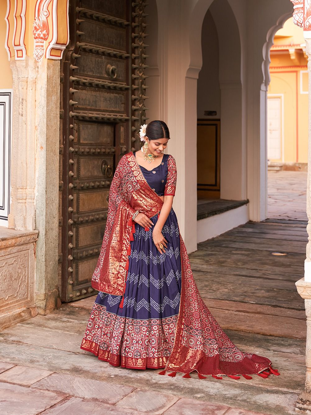 Navy Blue Color Tussar Silk Lehenga Choli with Ajarakh Prints