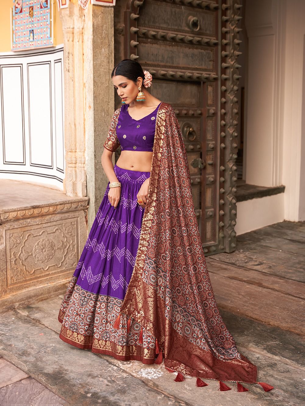 Purple Color Tussar Silk Lehenga Choli with Ajarakh Prints