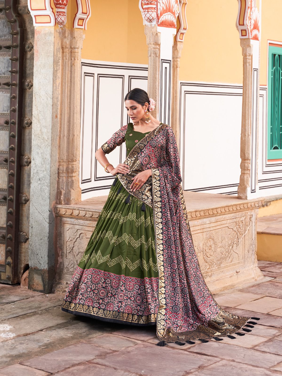 Green Color Tussar Silk Lehenga Choli with Ajarakh Prints