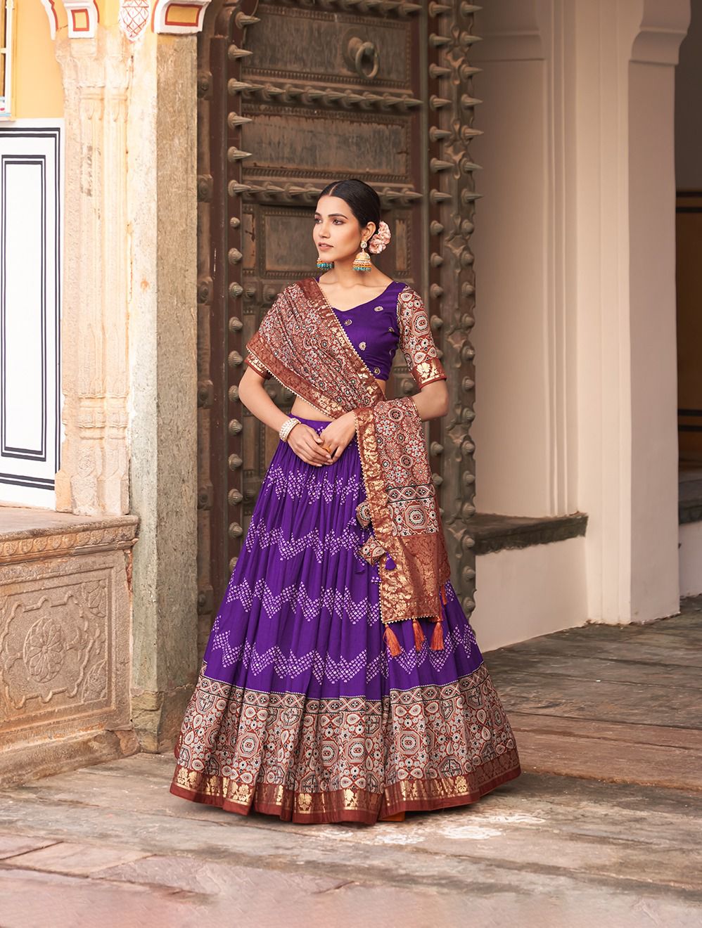 Purple Color Tussar Silk Lehenga Choli with Ajarakh Prints