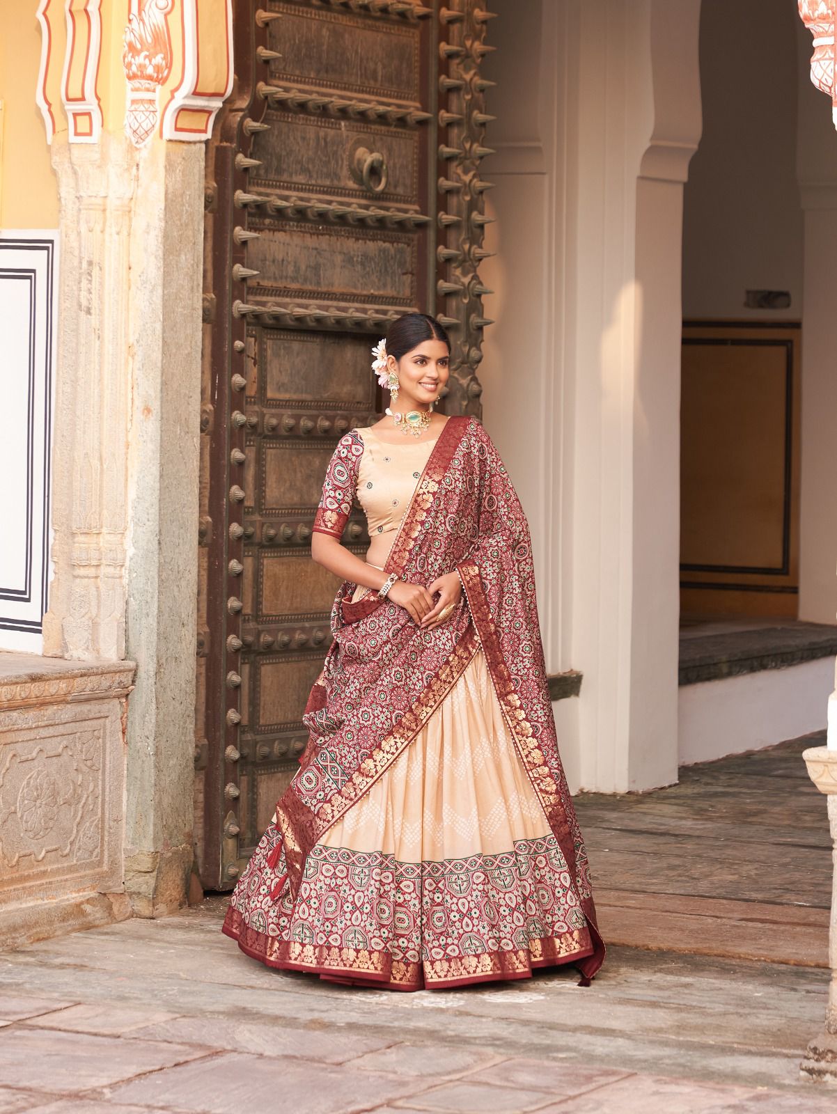 Cream Color Tussar Silk Lehenga Choli with Ajarakh Prints