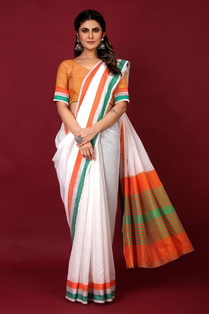 Pure Cotton Tricolor India Flag Design Saree