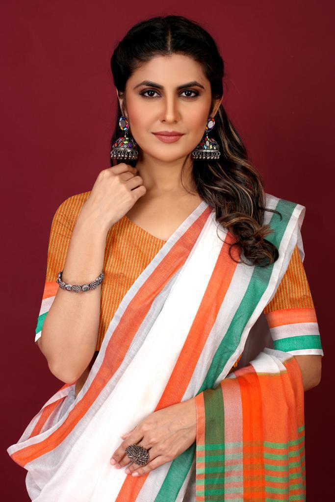 Pure Cotton Tricolor India Flag Design Saree