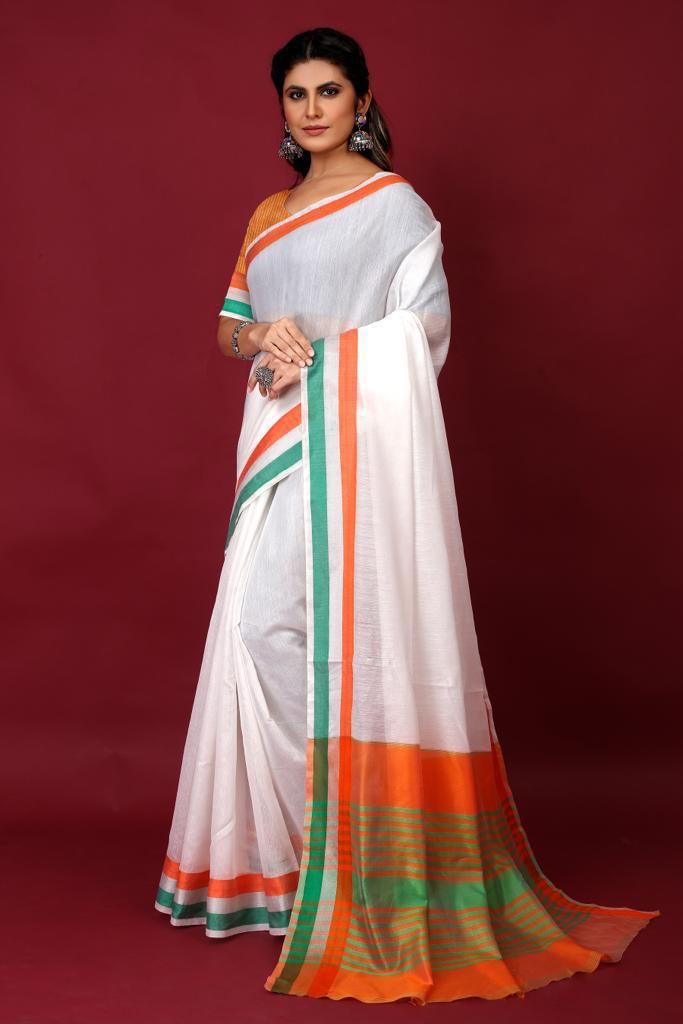 Pure Cotton Tricolor India Flag Design Saree