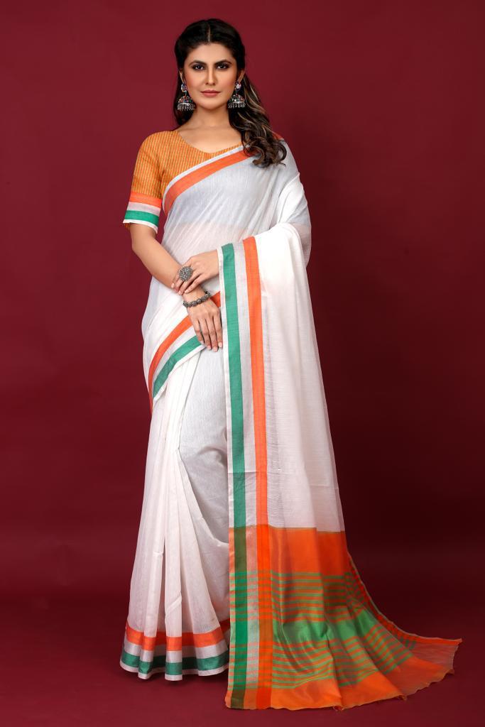 Pure Cotton Tricolor India Flag Design Saree