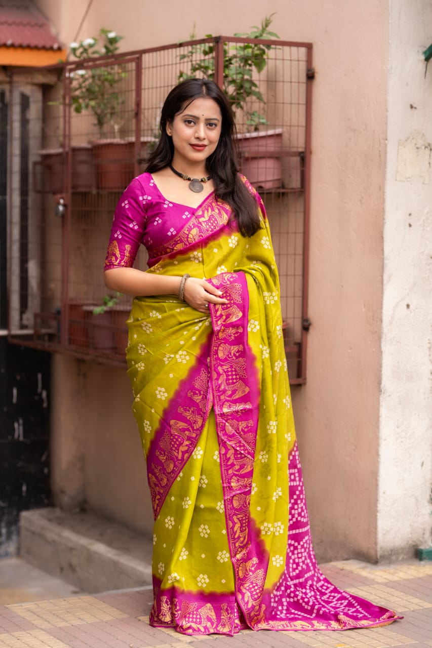 Light Green Color Soft Crepe Bandhani Saree