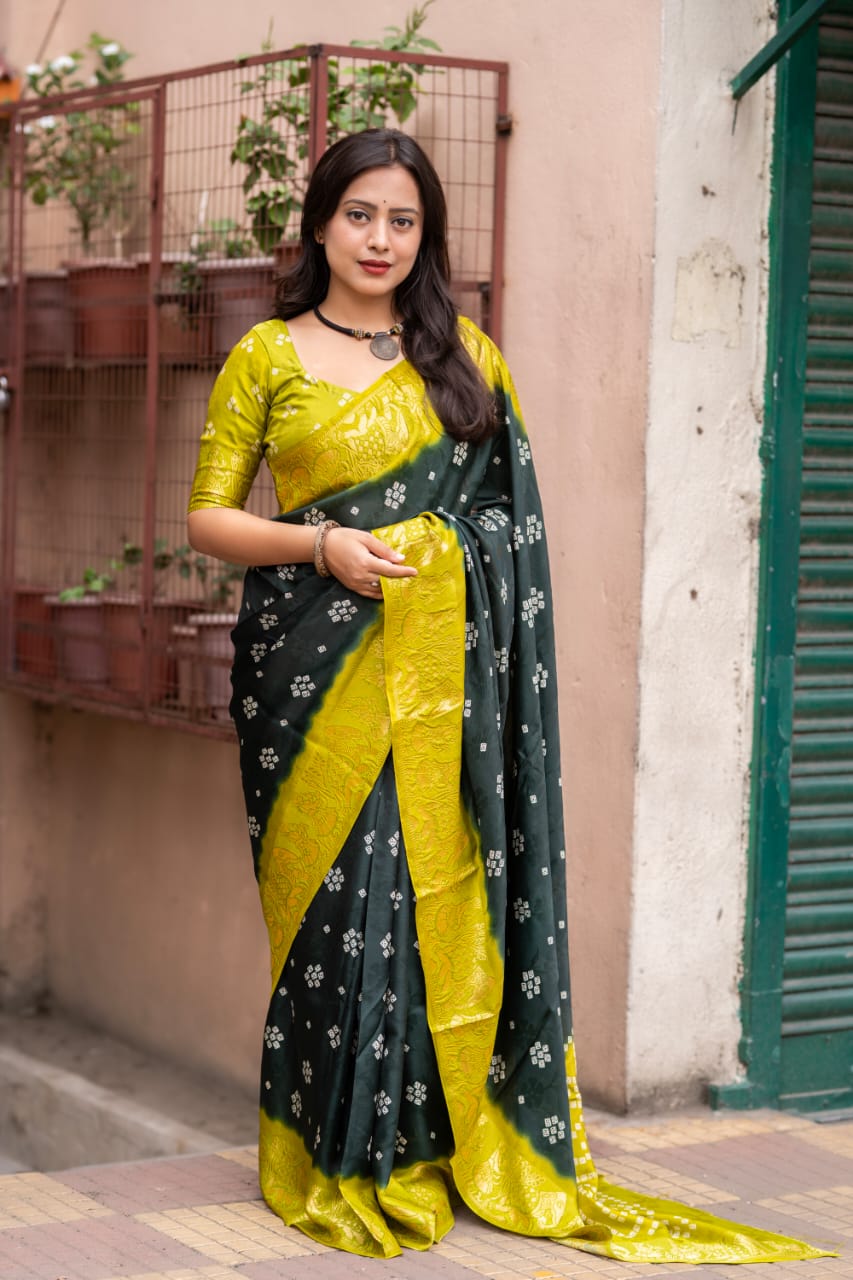 Green Color Soft Crepe Bandhani Saree