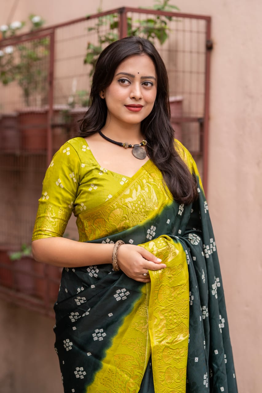 Green Color Soft Crepe Bandhani Saree