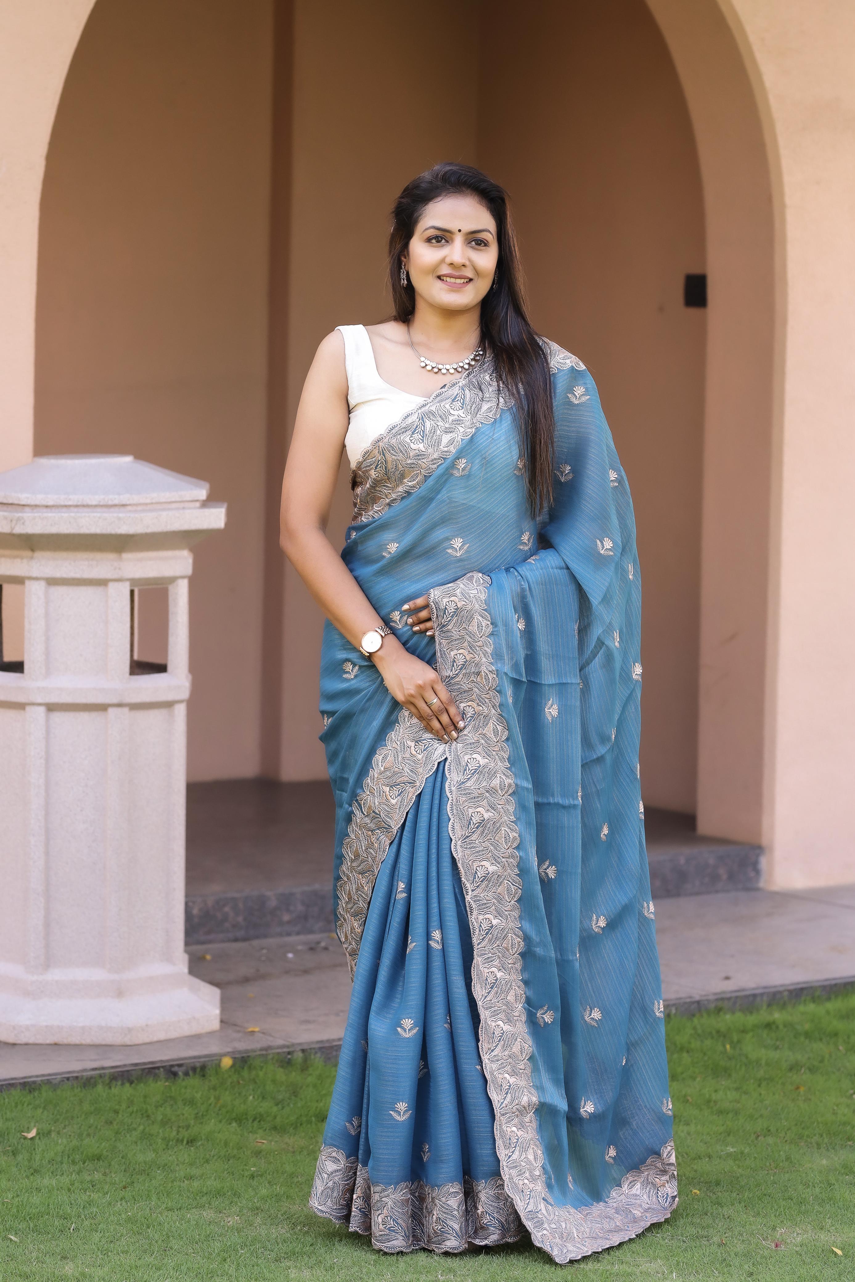 Sky Blue Color Pure Soft Simmer Silk Saree Heavy Multistiched Border With Fancy Butta