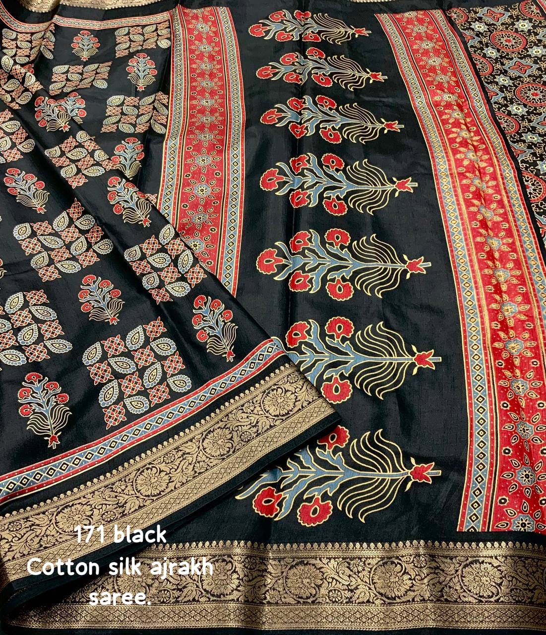 Back Color Soft Cotton Silk Ajrakh Printed Saree