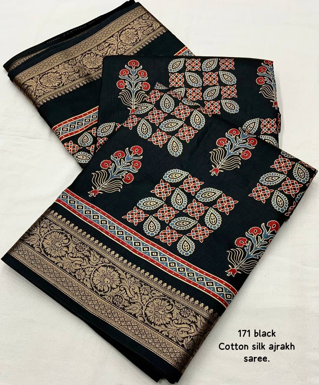 Back Color Soft Cotton Silk Ajrakh Printed Saree