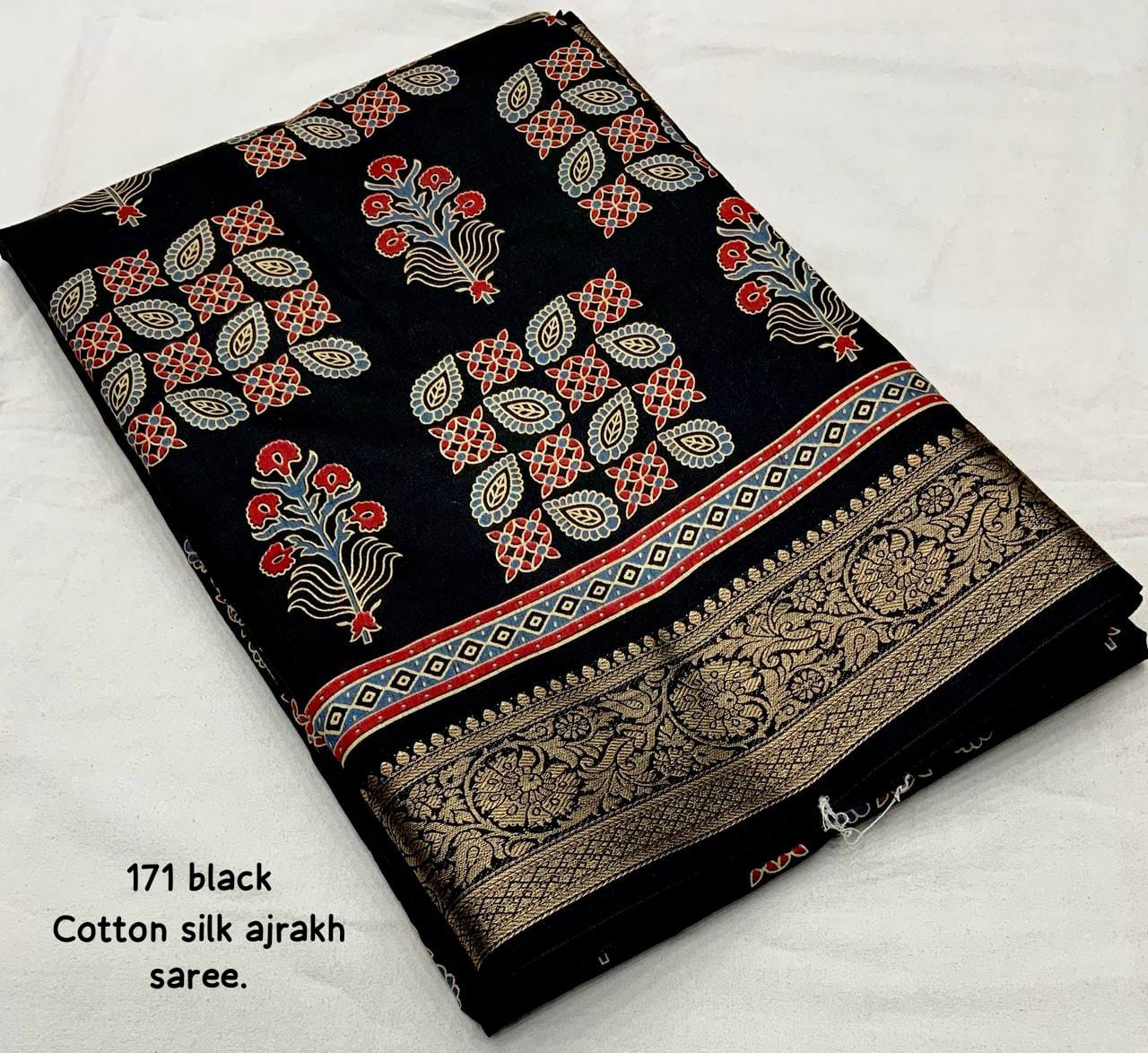 Back Color Soft Cotton Silk Ajrakh Printed Saree