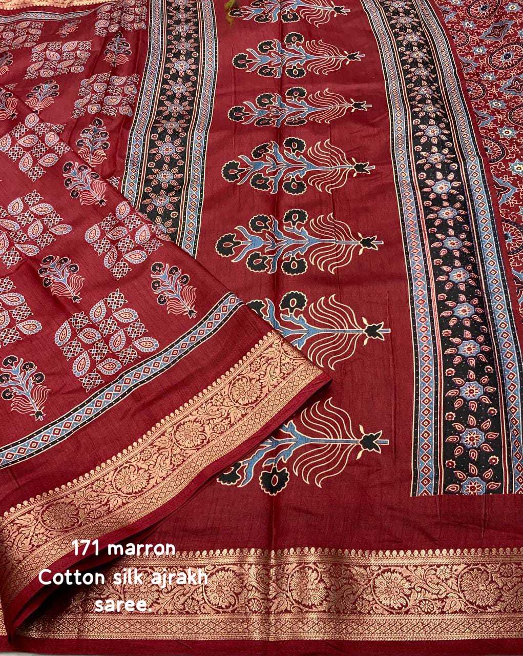 Maroon Color Soft Cotton Silk Ajrakh Printed Saree