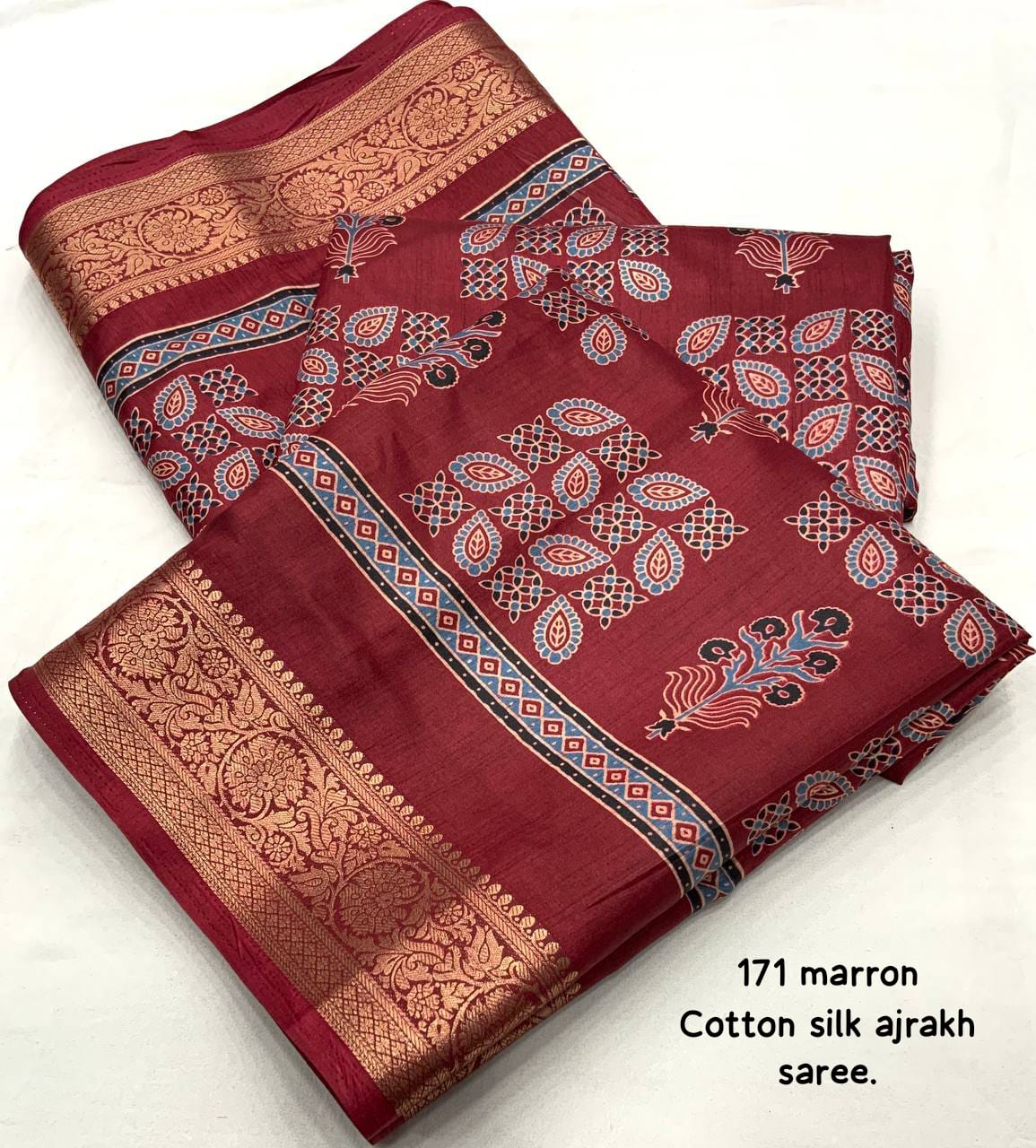 Maroon Color Soft Cotton Silk Ajrakh Printed Saree