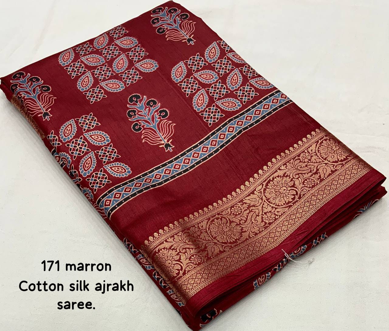 Maroon Color Soft Cotton Silk Ajrakh Printed Saree