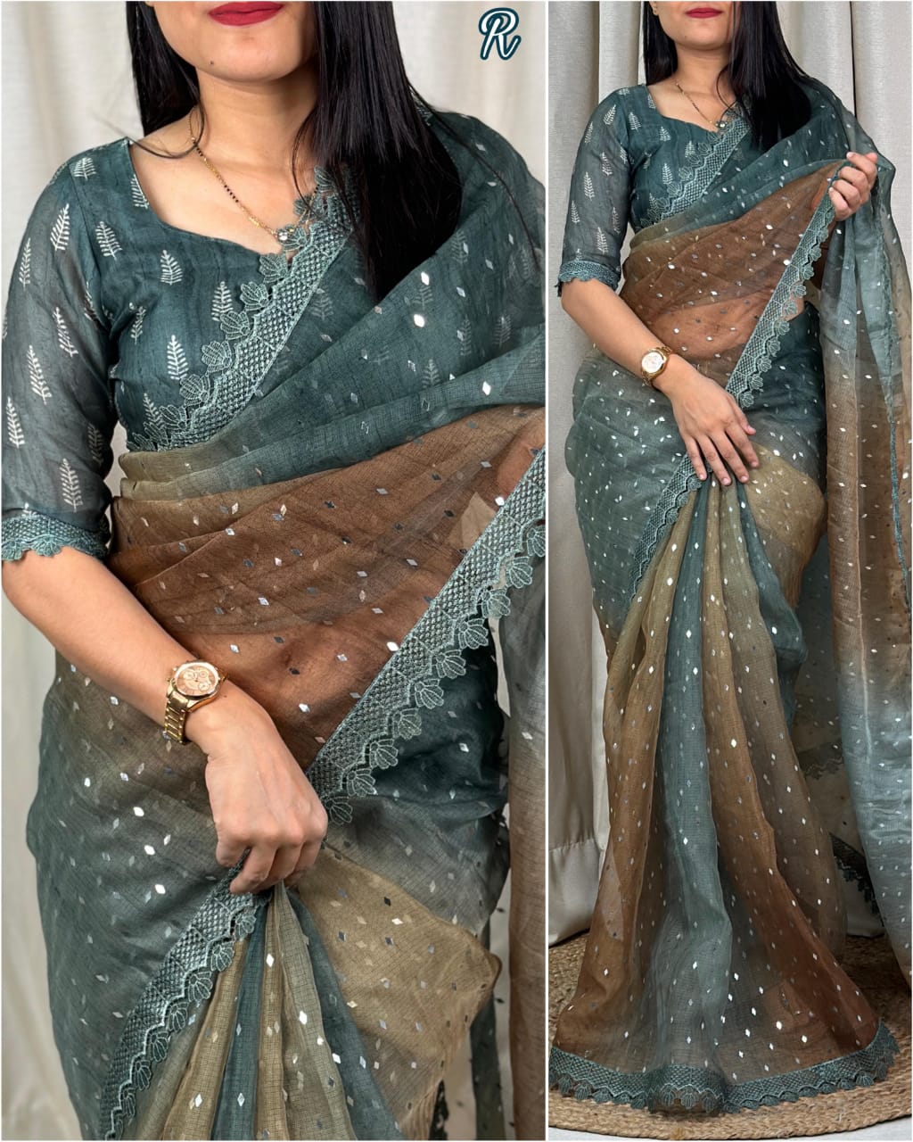 Premium Leno Cotton Saree With Glitter Sequins Work With GPO Lace-1