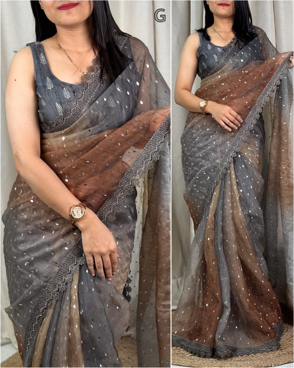 Premium Leno Cotton Saree With Glitter Sequins Work With GPO Lace-3