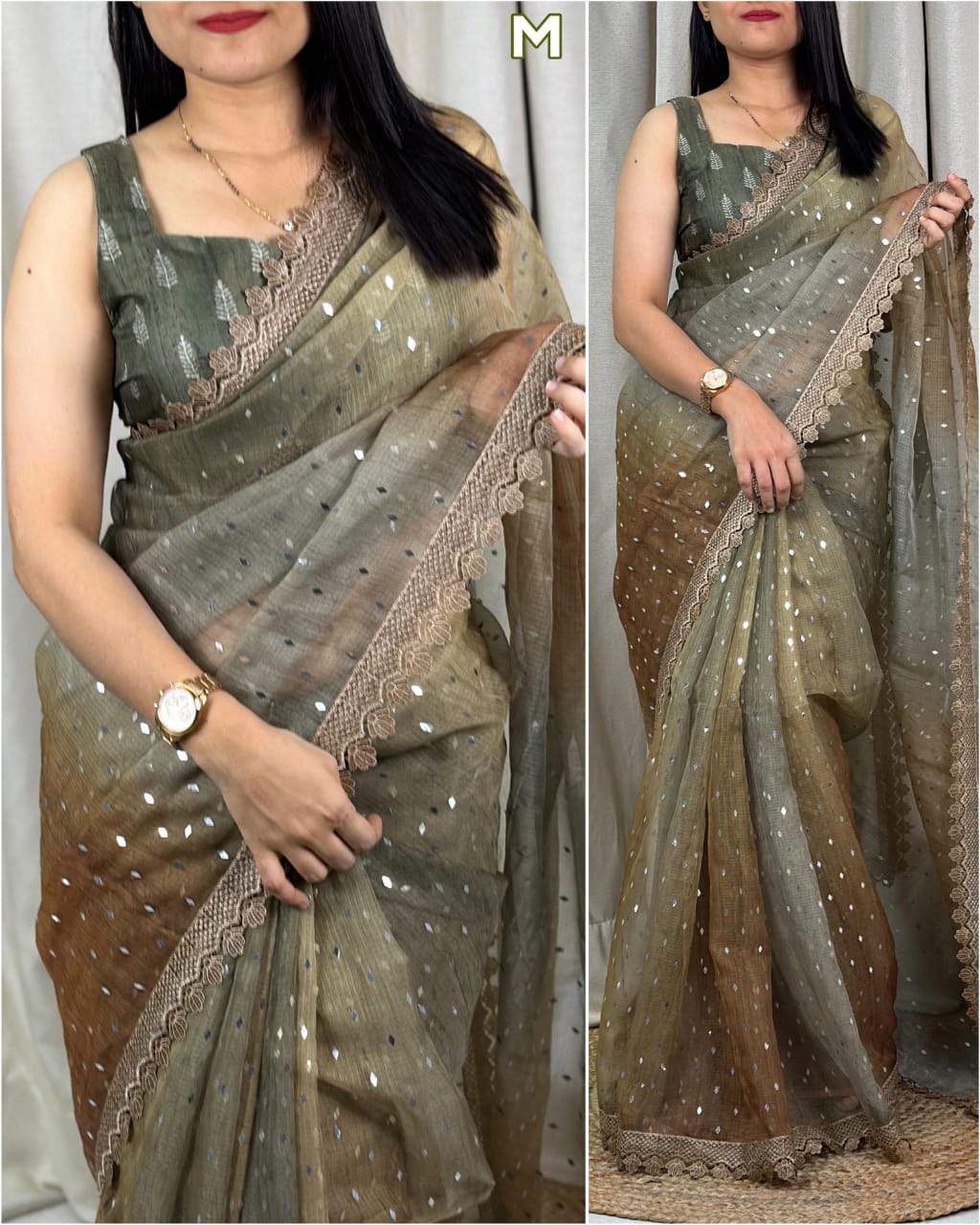 Premium Leno Cotton Saree With Glitter Sequins Work With GPO Lace-2