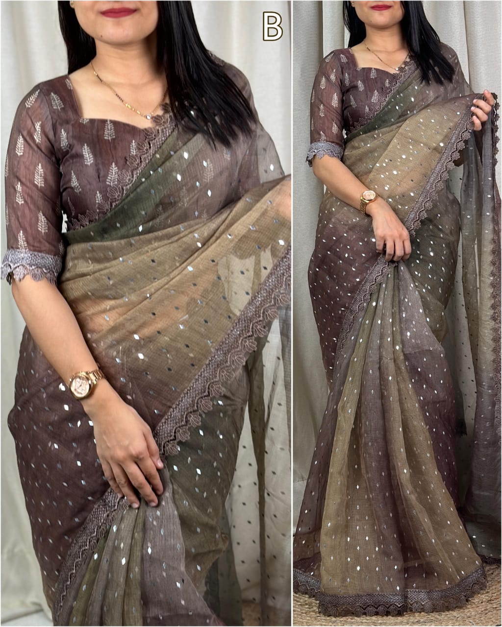 Premium Leno Cotton Saree With Glitter Sequins Work With GPO Lace-4