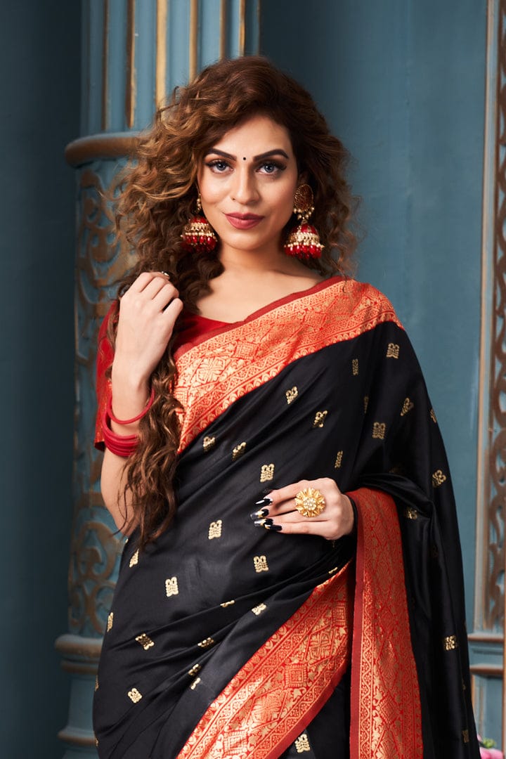 Black Color Golden Zari Weaving Jacquard Saree With Rich Pallu